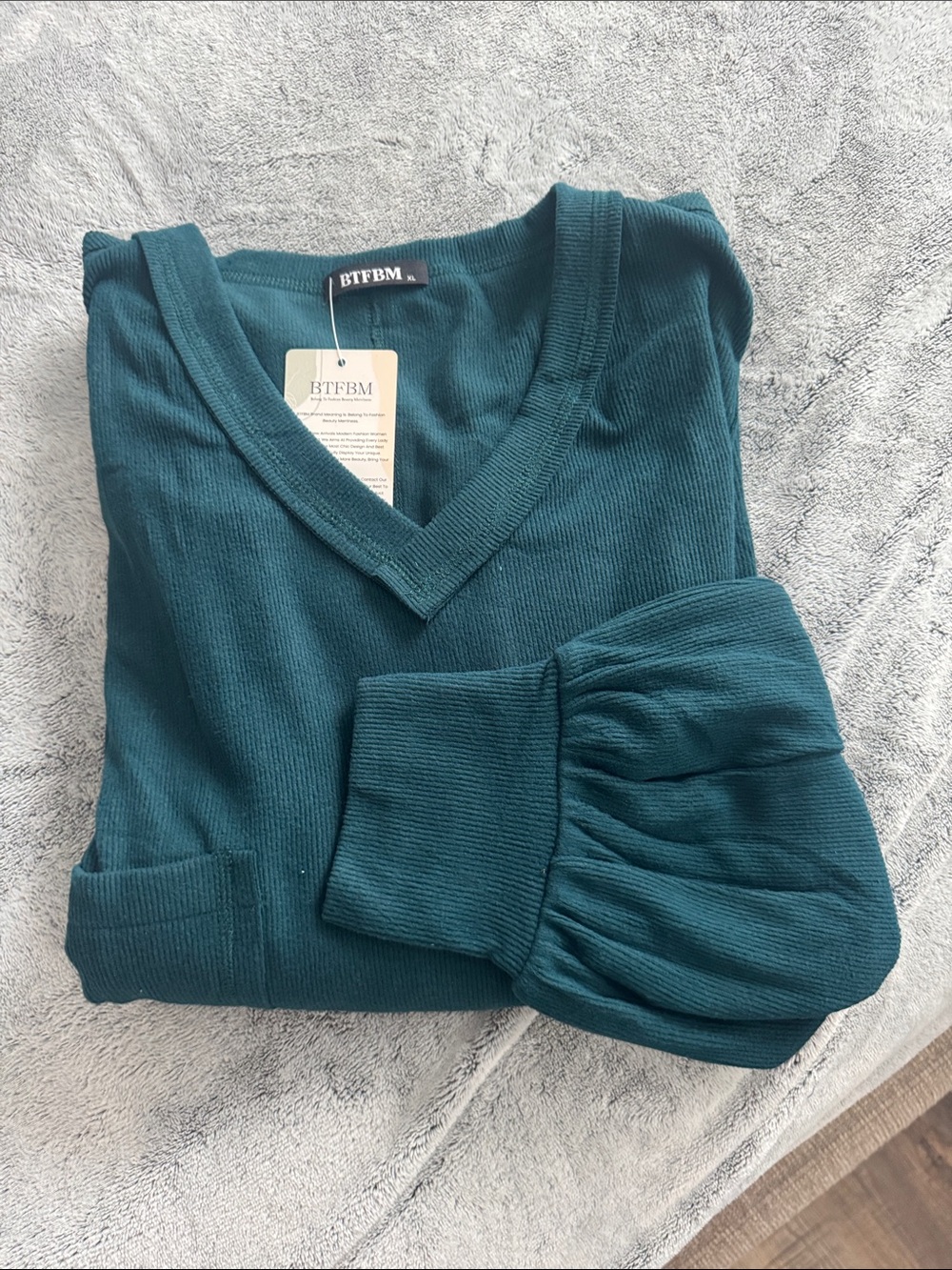 BTFBM Women's Teal V-Neck Sweater with Puff Sleeves